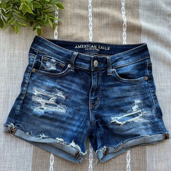 AE Midi Super Stretch Destroyed Denim Shorts - Picture 1 of 9